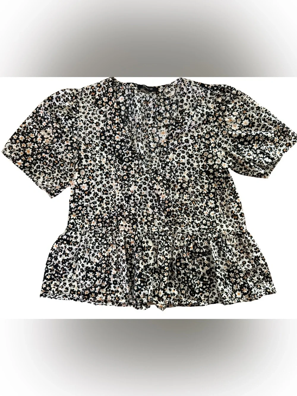 Madewell Floral Wrap Peplum Blouse XS Cotton Ditsy Floral Puff Sleeve Vneck